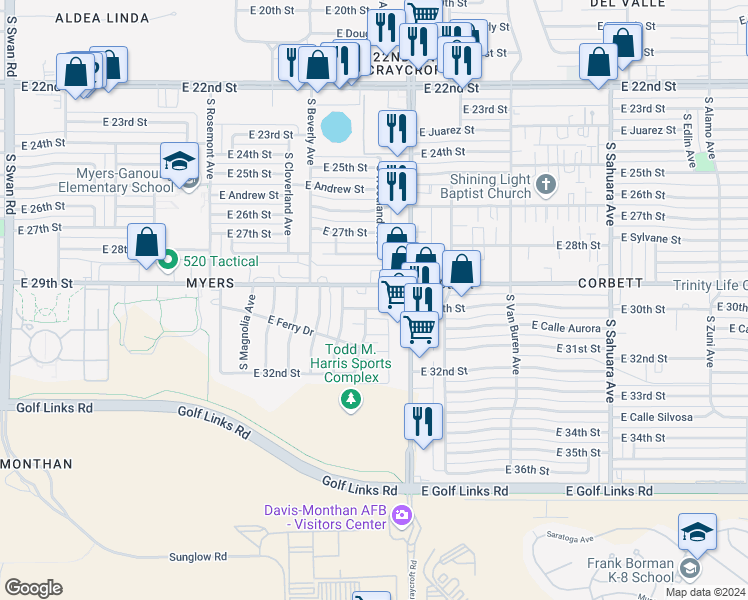 map of restaurants, bars, coffee shops, grocery stores, and more near 5409 East 30th Street in Tucson