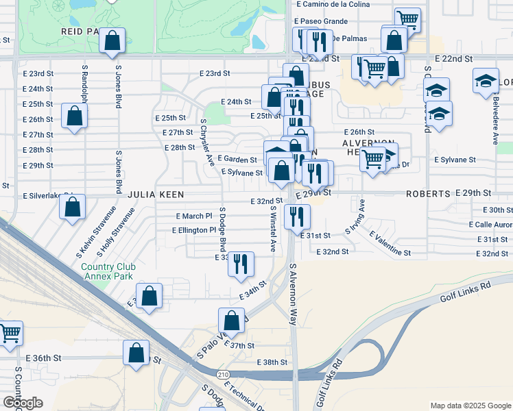 map of restaurants, bars, coffee shops, grocery stores, and more near 3810 East 32nd Street in Tucson