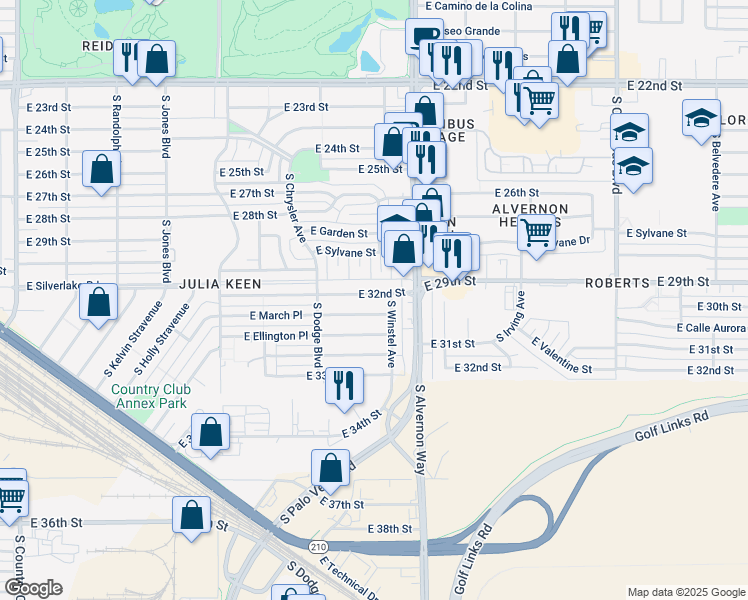 map of restaurants, bars, coffee shops, grocery stores, and more near 3810 East 32nd Street in Tucson