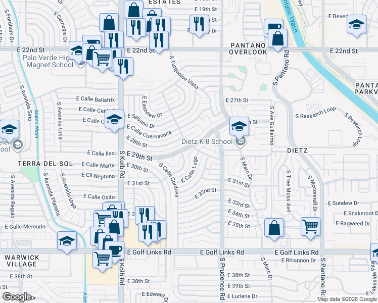 map of restaurants, bars, coffee shops, grocery stores, and more near 7336 East 29th Street in Tucson