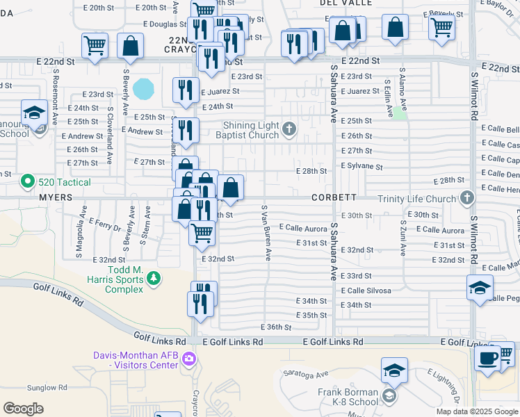 map of restaurants, bars, coffee shops, grocery stores, and more near 5671 East 30th Street in Tucson
