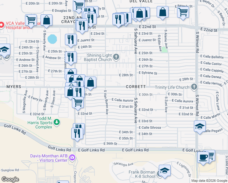 map of restaurants, bars, coffee shops, grocery stores, and more near 5733 East 30th Street in Tucson