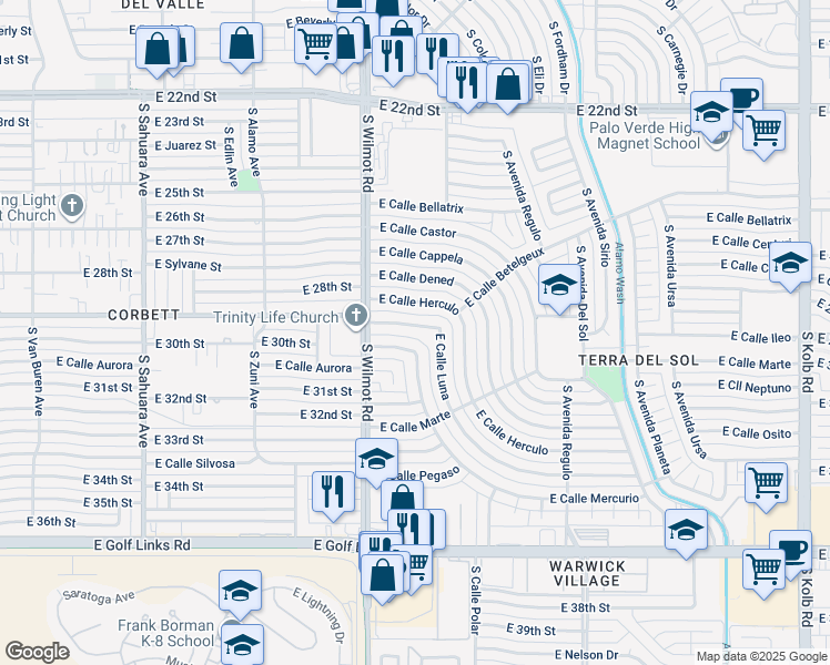 map of restaurants, bars, coffee shops, grocery stores, and more near 6350 East Calle Luna in Tucson