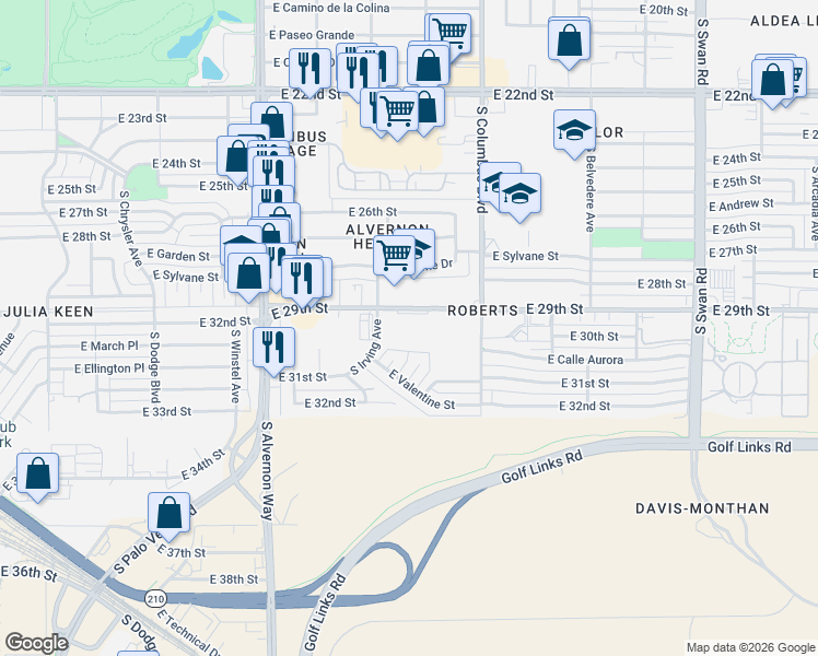 map of restaurants, bars, coffee shops, grocery stores, and more near 4098 East 29th Street in Tucson