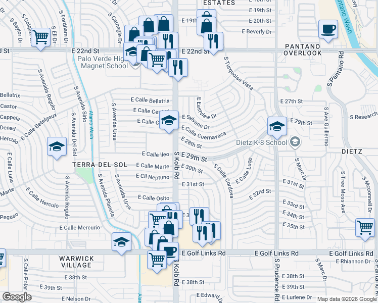 map of restaurants, bars, coffee shops, grocery stores, and more near 7141 East 29th Street in Tucson