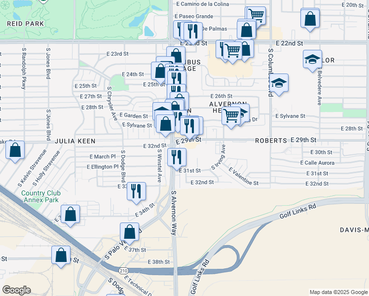map of restaurants, bars, coffee shops, grocery stores, and more near 1906c South Montezuma Avenue in Tucson
