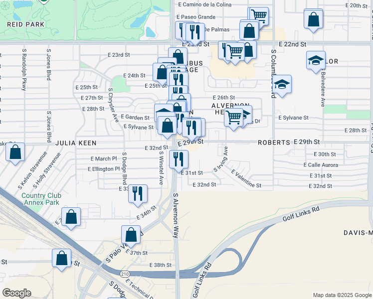 map of restaurants, bars, coffee shops, grocery stores, and more near 1906c South Montezuma Avenue in Tucson