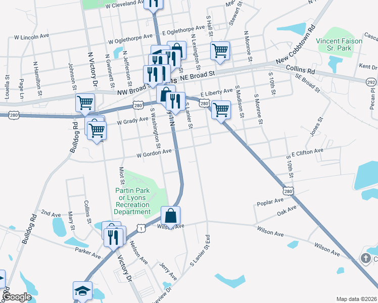 map of restaurants, bars, coffee shops, grocery stores, and more near 124 East Gordon Avenue in Lyons