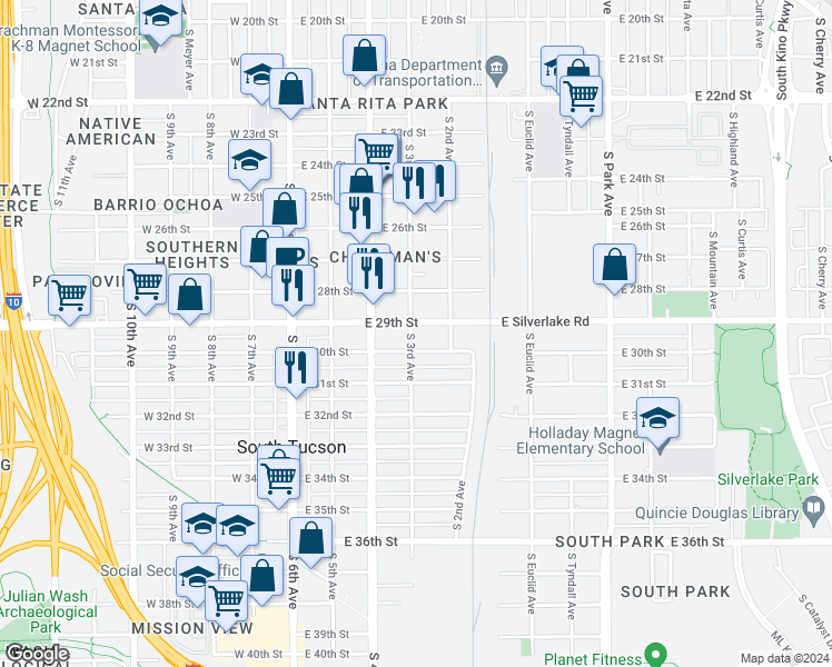 map of restaurants, bars, coffee shops, grocery stores, and more near 1901 South 3rd Avenue in Tucson