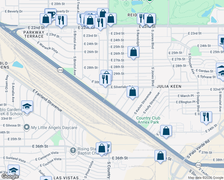 map of restaurants, bars, coffee shops, grocery stores, and more near 3102 East Silverlake Road in Tucson