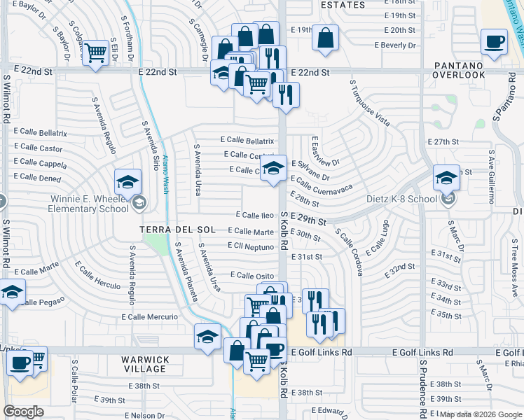 map of restaurants, bars, coffee shops, grocery stores, and more near 5 East Calle Ileo in Tucson