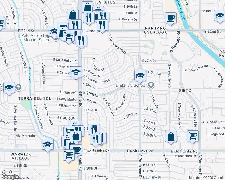 map of restaurants, bars, coffee shops, grocery stores, and more near 7301 East 29th Street in Tucson
