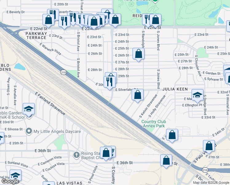 map of restaurants, bars, coffee shops, grocery stores, and more near 3102 East Silverlake Road in Tucson