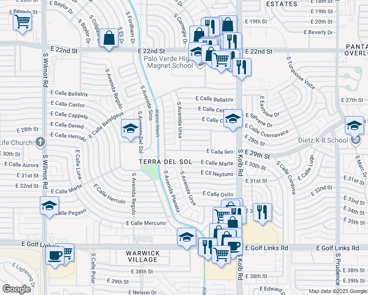 map of restaurants, bars, coffee shops, grocery stores, and more near 6918 East Calle Ileo in Tucson