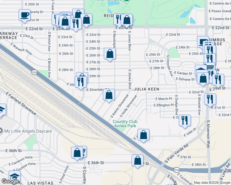 map of restaurants, bars, coffee shops, grocery stores, and more near 1926 South Miramonte Stravenue in Tucson