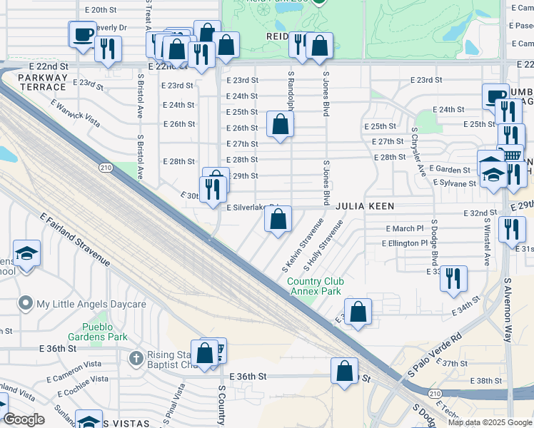 map of restaurants, bars, coffee shops, grocery stores, and more near 1930 South Howard Stravenue in Tucson