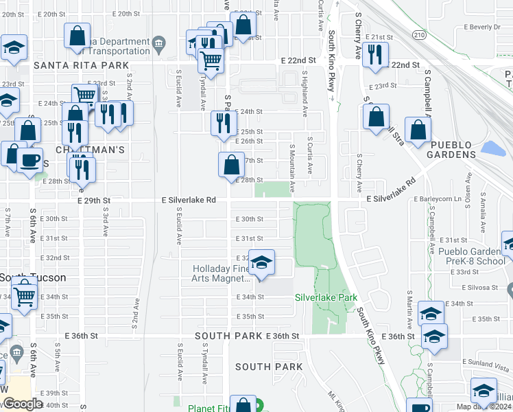map of restaurants, bars, coffee shops, grocery stores, and more near 1031 East 30th Street in Tucson
