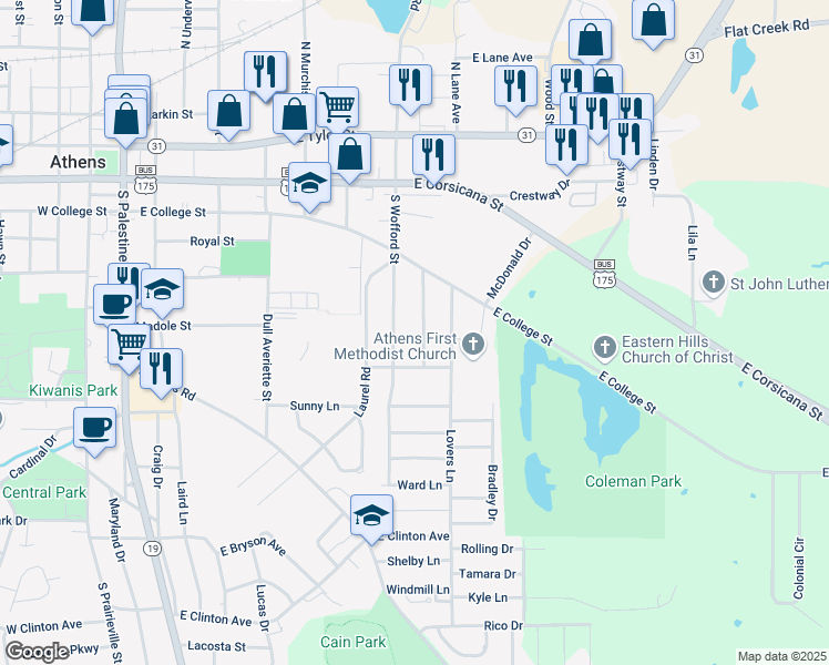 map of restaurants, bars, coffee shops, grocery stores, and more near 220 Reierson Avenue in Athens