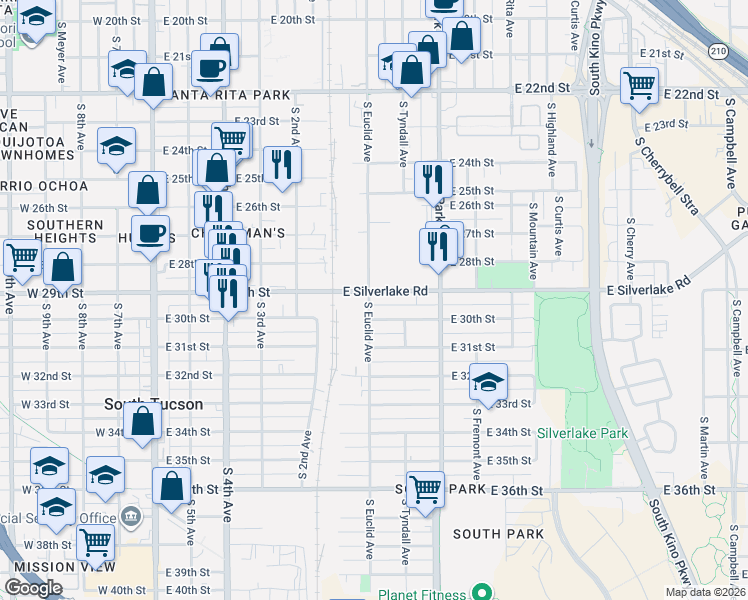 map of restaurants, bars, coffee shops, grocery stores, and more near 801 East 30th Street in Tucson