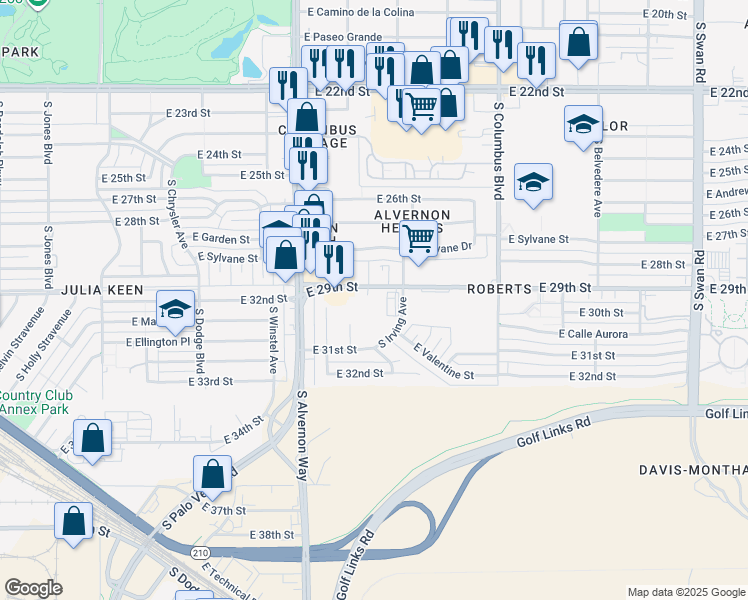map of restaurants, bars, coffee shops, grocery stores, and more near 4010 East 29th Street in Tucson