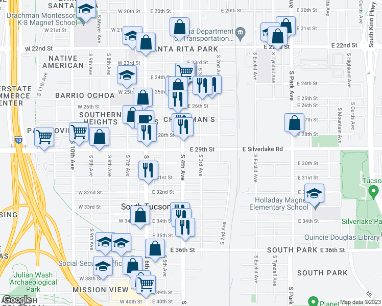 map of restaurants, bars, coffee shops, grocery stores, and more near 349 East 30th Street in Tucson