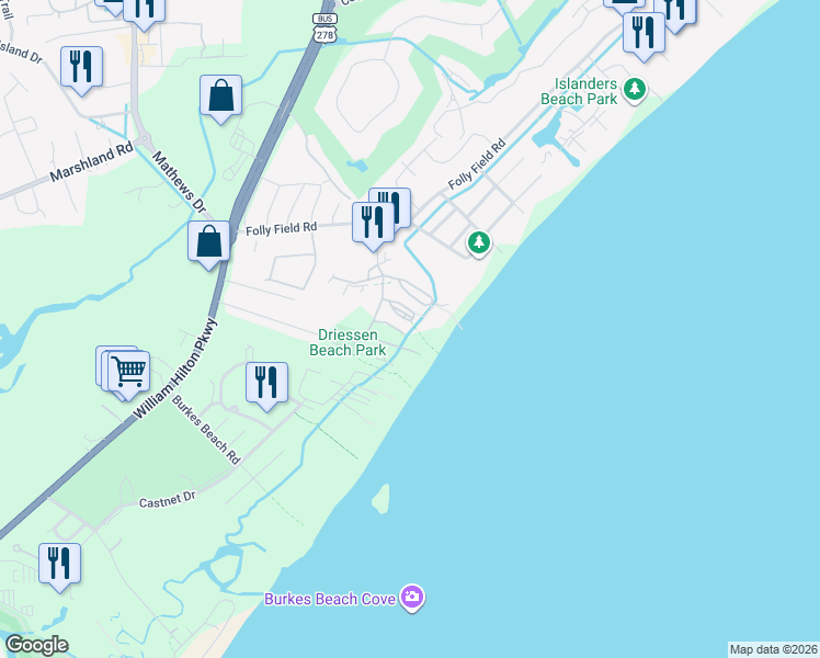 map of restaurants, bars, coffee shops, grocery stores, and more near 40 Folly Field Road in Hilton Head Island