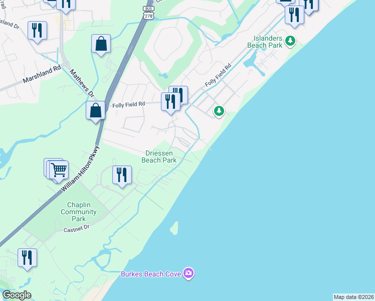 map of restaurants, bars, coffee shops, grocery stores, and more near 40 Folly Field Road in Hilton Head Island