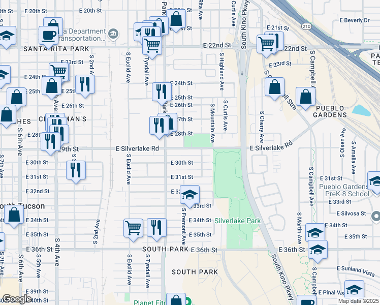 map of restaurants, bars, coffee shops, grocery stores, and more near 1122 East Silverlake Road in Tucson
