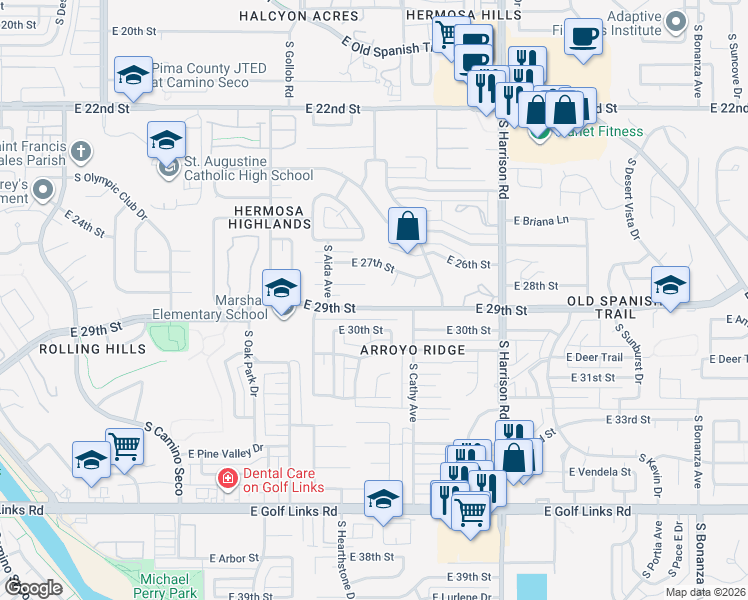 map of restaurants, bars, coffee shops, grocery stores, and more near 9280 East 29th Street in Tucson