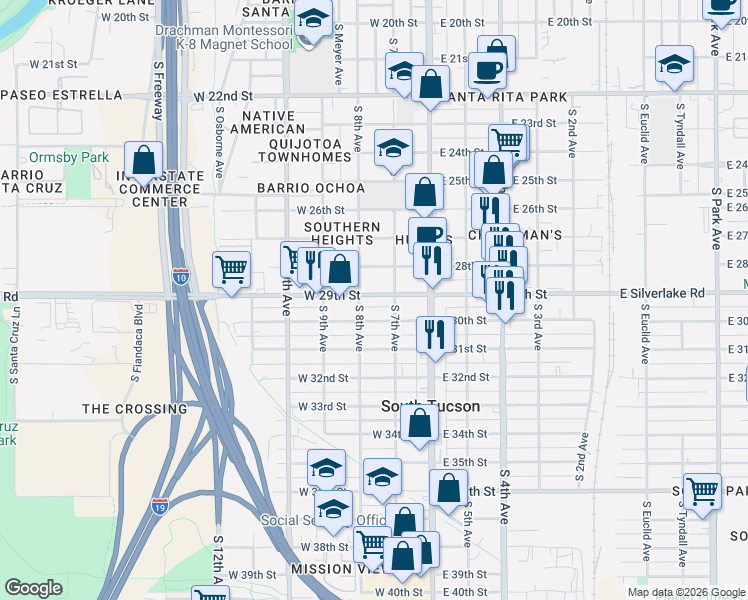 map of restaurants, bars, coffee shops, grocery stores, and more near 131 West 29th Street in Tucson