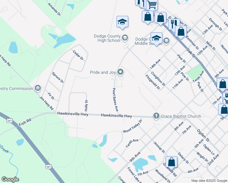 map of restaurants, bars, coffee shops, grocery stores, and more near 611 Pearl Bates Avenue in Eastman