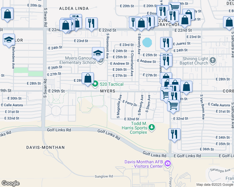 map of restaurants, bars, coffee shops, grocery stores, and more near 5118 East 29th Street in Tucson