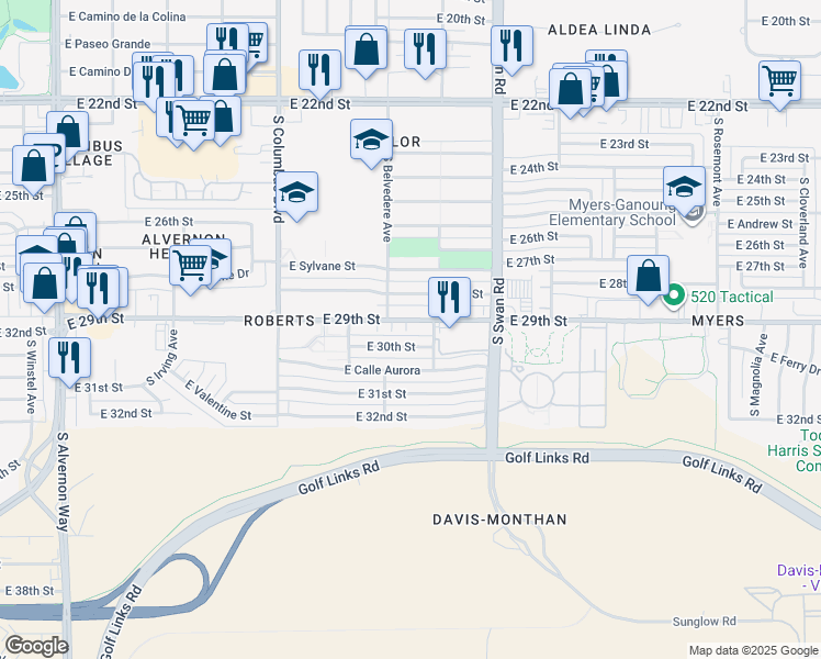map of restaurants, bars, coffee shops, grocery stores, and more near 4440 East 29th Street in Tucson