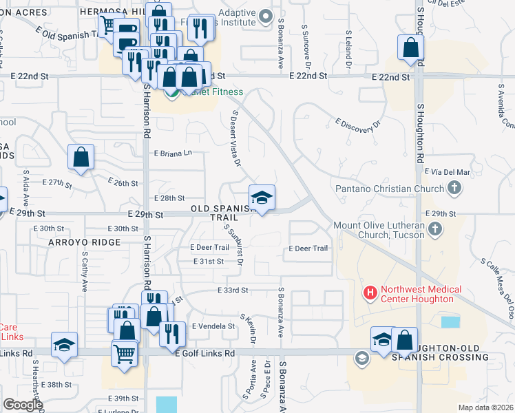 map of restaurants, bars, coffee shops, grocery stores, and more near 9850 East 29th Street in Tucson