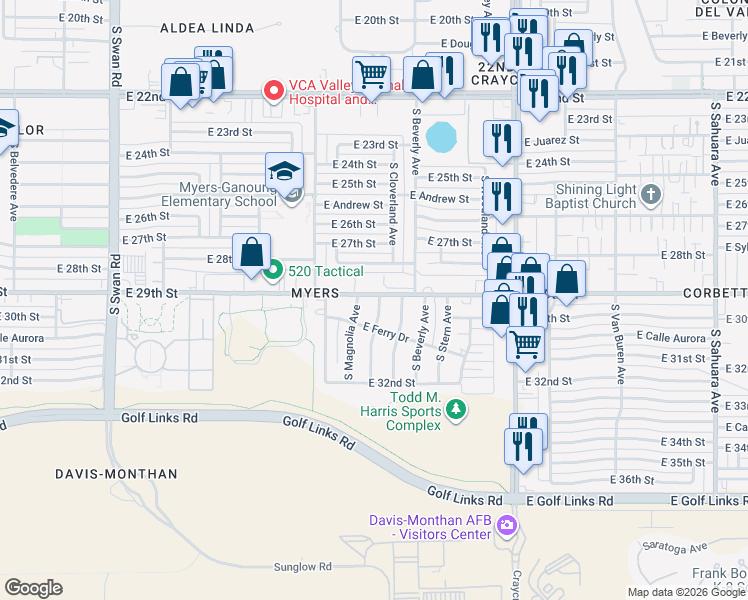 map of restaurants, bars, coffee shops, grocery stores, and more near 1922 South Farwell Avenue in Tucson
