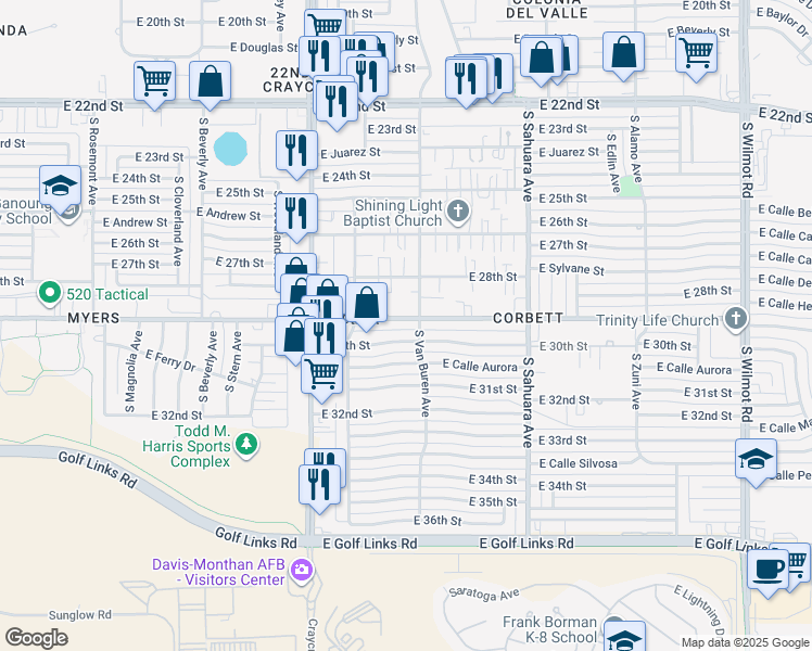 map of restaurants, bars, coffee shops, grocery stores, and more near 5671 East 30th Street in Tucson
