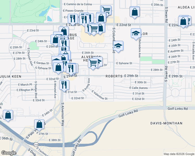 map of restaurants, bars, coffee shops, grocery stores, and more near 4100 East 29th Street in Tucson
