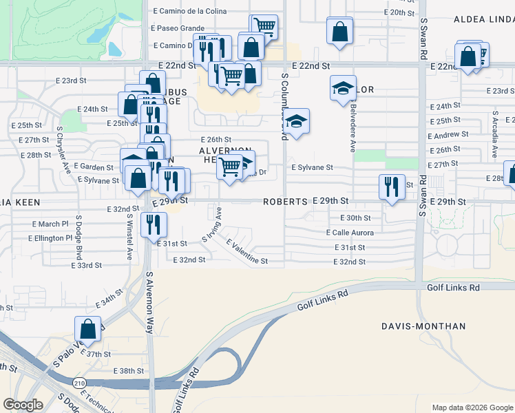map of restaurants, bars, coffee shops, grocery stores, and more near 4250 East 29th Street in Tucson