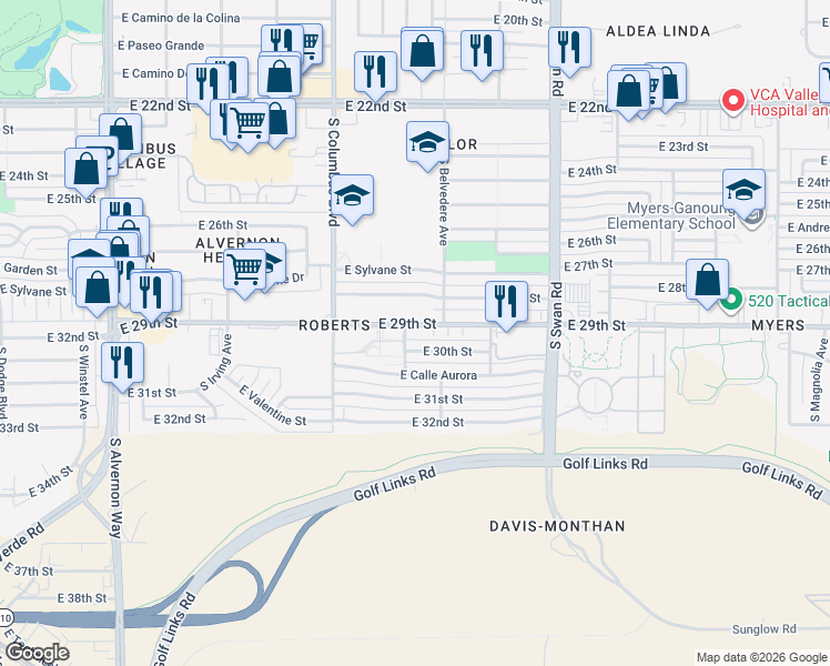 map of restaurants, bars, coffee shops, grocery stores, and more near 4440 East 29th Street in Tucson