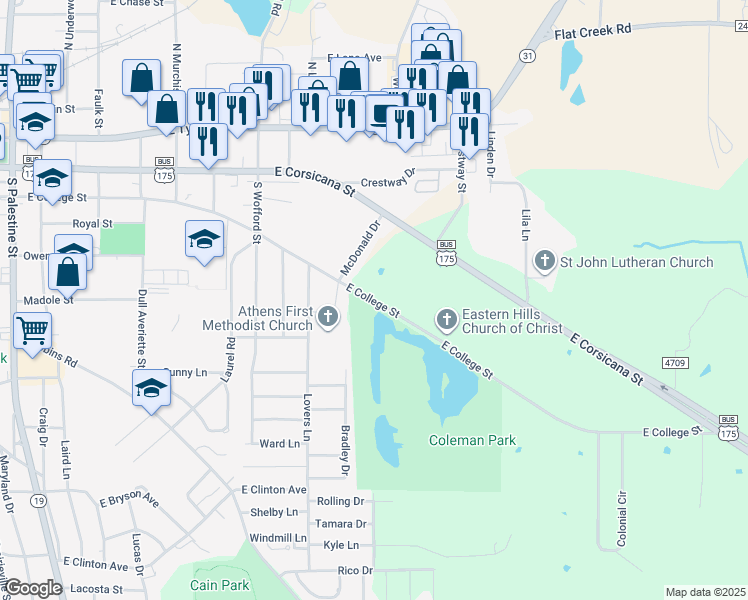 map of restaurants, bars, coffee shops, grocery stores, and more near 2298 East College Street in Athens