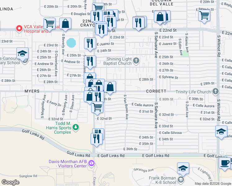 map of restaurants, bars, coffee shops, grocery stores, and more near 5623 East 30th Street in Tucson