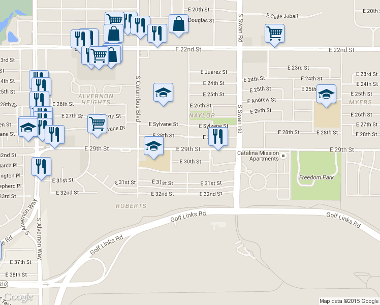 map of restaurants, bars, coffee shops, grocery stores, and more near 4441 East 30th Street in Tucson