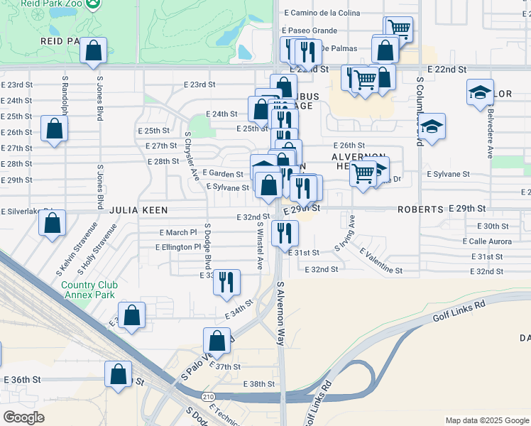 map of restaurants, bars, coffee shops, grocery stores, and more near 3849 East 32nd Street in Tucson