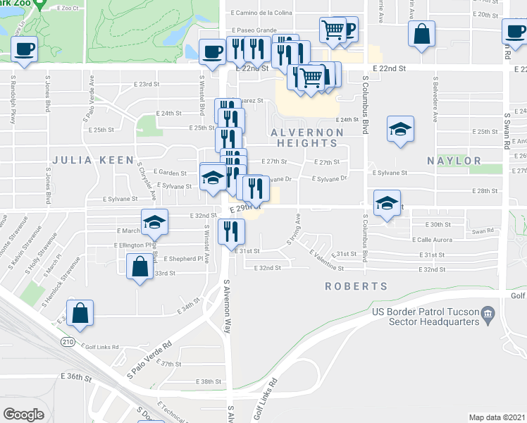 map of restaurants, bars, coffee shops, grocery stores, and more near 4010 E 29th St in Tucson