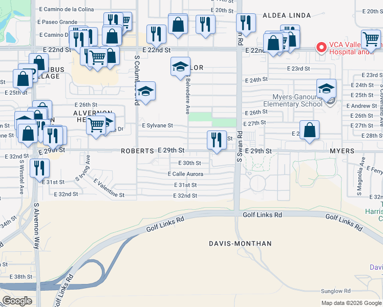 map of restaurants, bars, coffee shops, grocery stores, and more near 4550 East 29th Street in Tucson