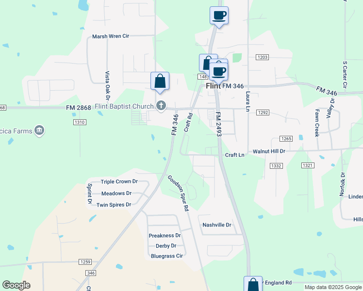 map of restaurants, bars, coffee shops, grocery stores, and more near 10867 County Road 148 in Flint