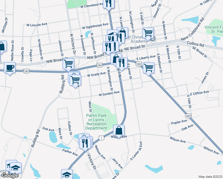 map of restaurants, bars, coffee shops, grocery stores, and more near 274 South Washington Street in Lyons
