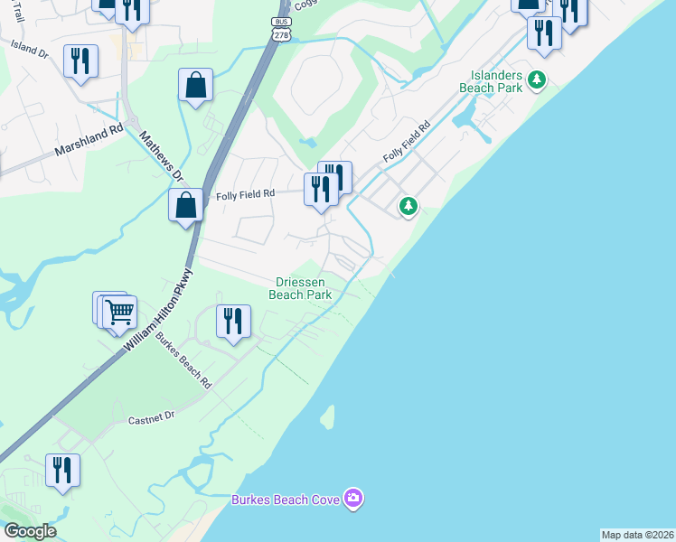 map of restaurants, bars, coffee shops, grocery stores, and more near 40 Folly Field Road in Hilton Head Island