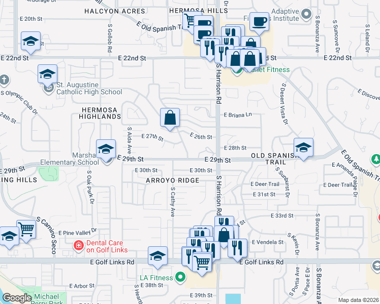 map of restaurants, bars, coffee shops, grocery stores, and more near 9412 East 29th Street in Tucson