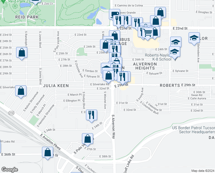 map of restaurants, bars, coffee shops, grocery stores, and more near 2010 South Alvernon Way in Tucson